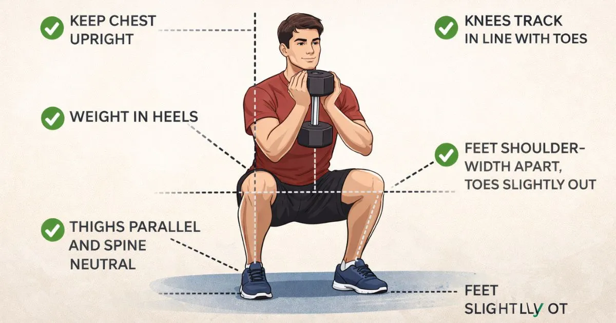 संरेखण और फॉर्म पर मार्गदर्शन के साथ एक उचित गॉब्लेट स्क्वाट करने वाला एक शुरुआती एथलीट।