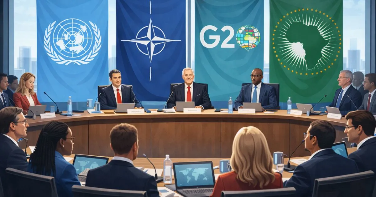 A collaborative global meeting room with flags representing the UN, NATO, G20, and the African Union.