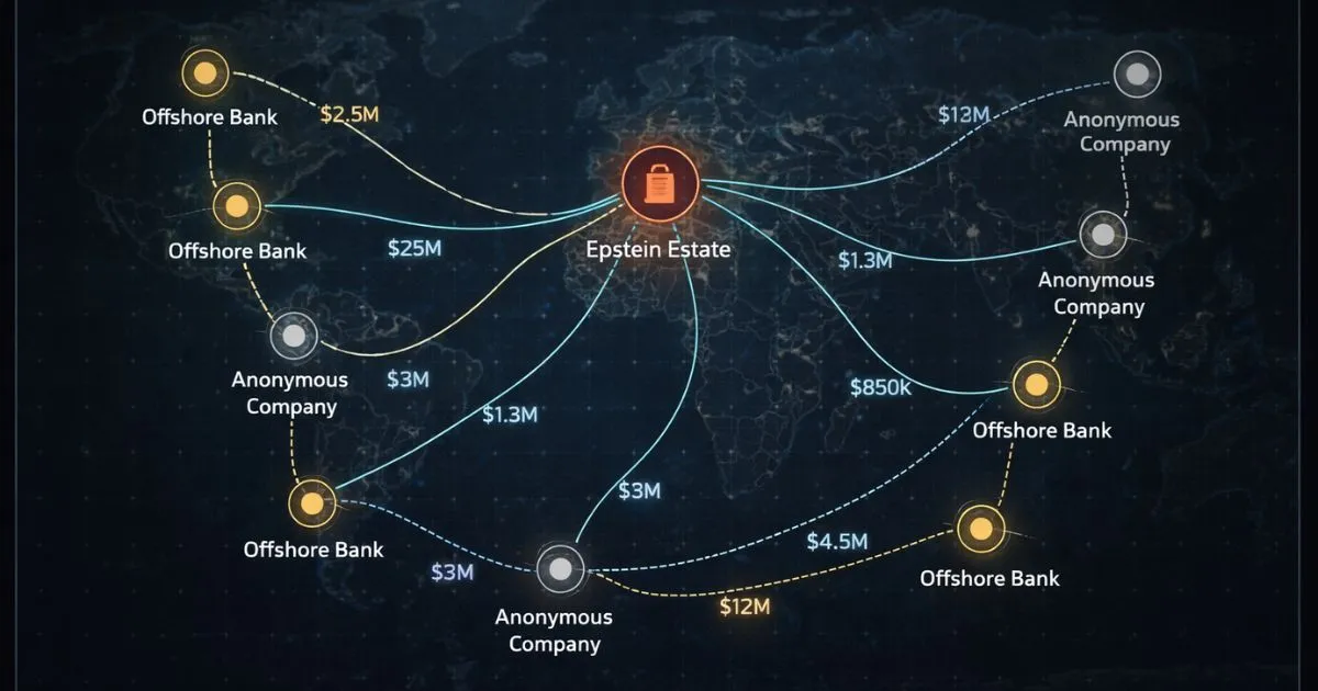 A complex digital forensic map showing financial flows between offshore banks and anonymous entities linked to the Epstein estate.