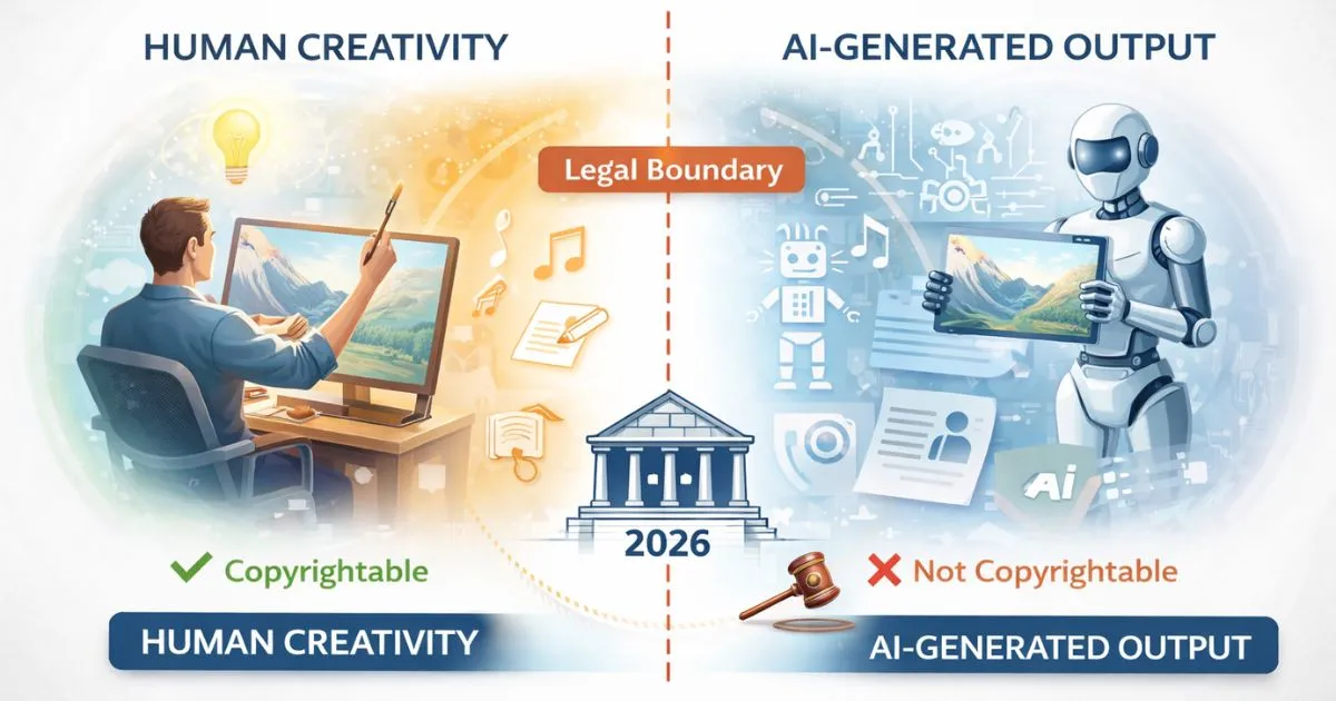 A conceptual diagram showing the legal boundary between human creativity and AI-generated output as defined by the 2026 Supreme Court decision.