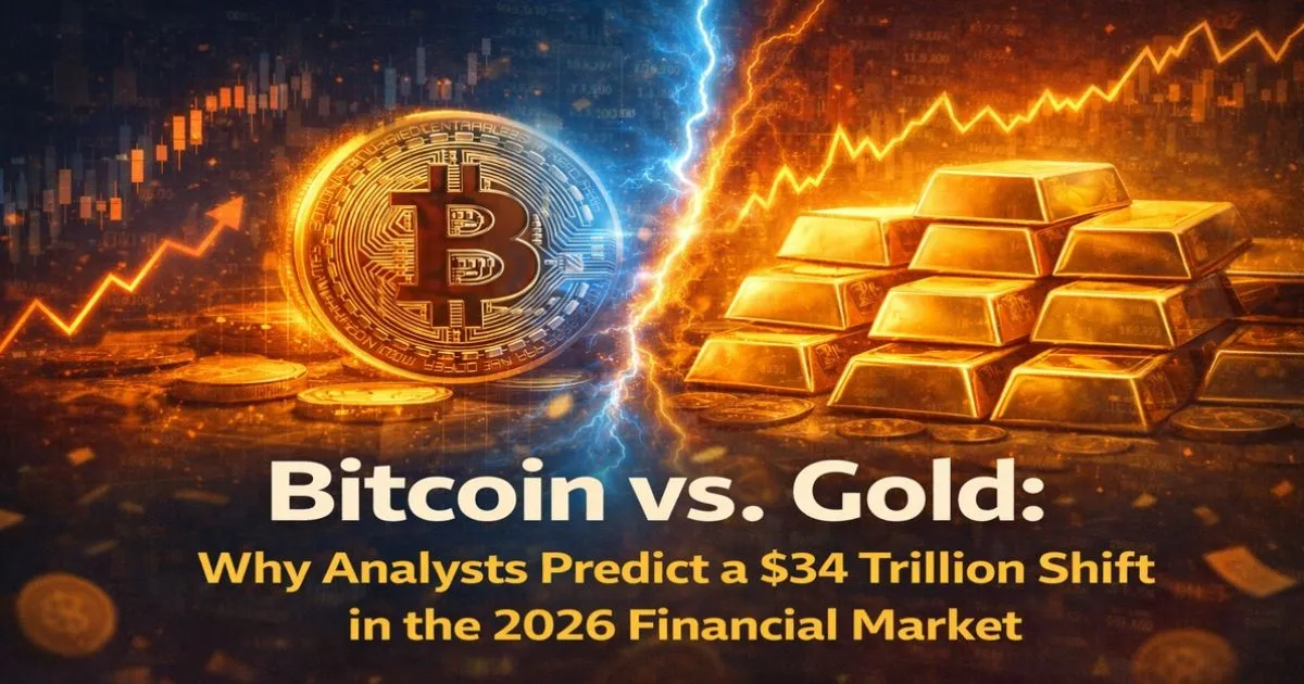 A digital scale balancing a physical gold bar against a glowing Bitcoin symbol, representing the market cap shift.