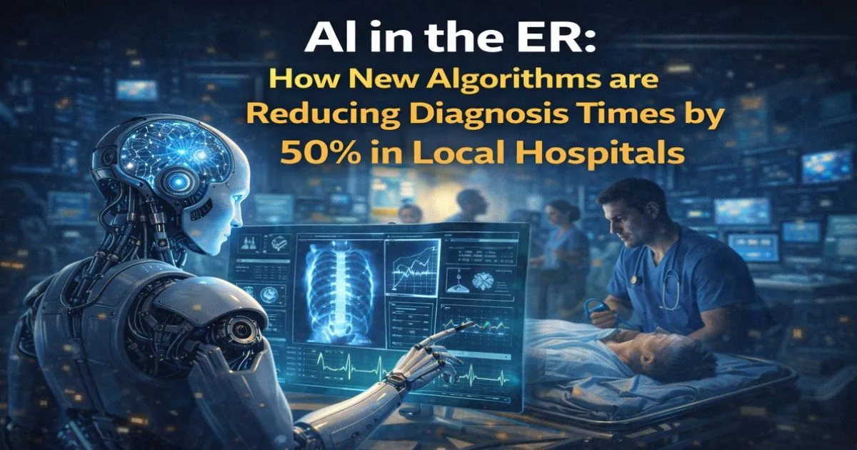 इमरजेंसी रूम में एक डॉक्टर टैबलेट पर मरीज का एक्स-रे देख रहा है, जिसमें AI ने मुख्य समस्या को हाईलाइट किया है।