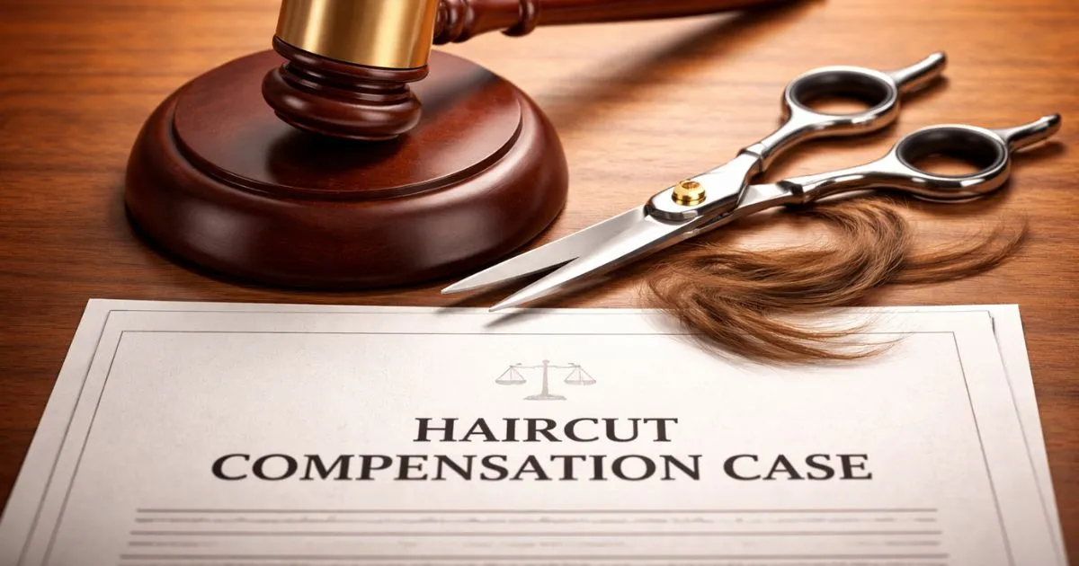 A gavel and a pair of professional salon scissors, symbolizing the legal battle over the ITC Maurya haircut compensation case.