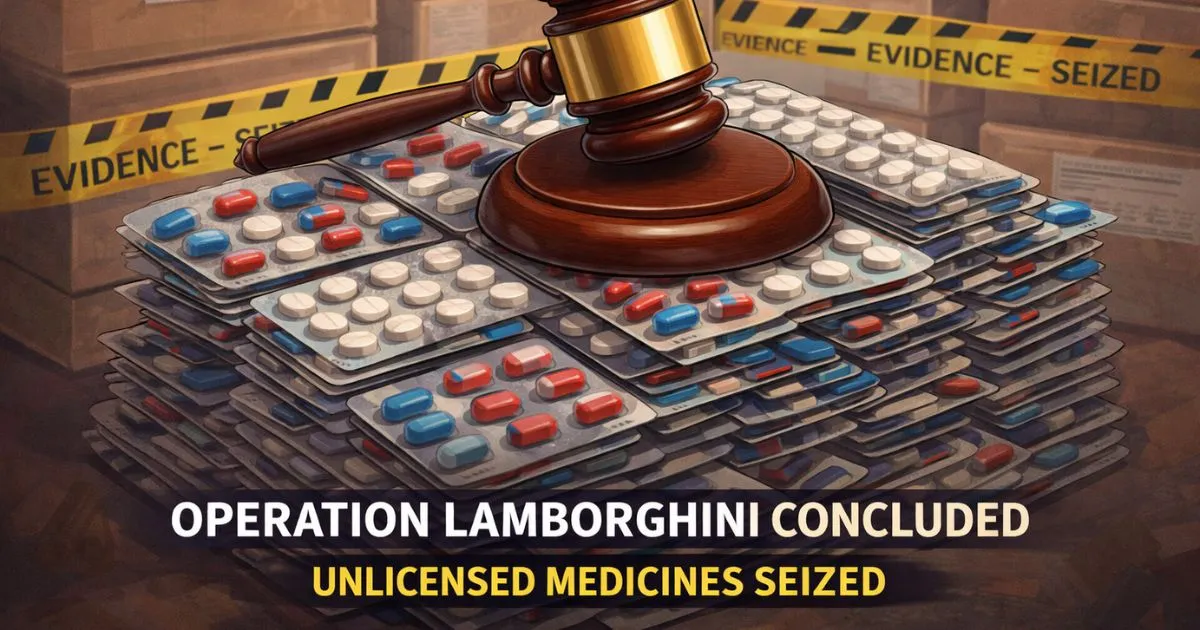 जब्त की गई बिना लाइसेंस वाली दवाओं के ढेर पर रखा एक हथौड़ा (Gavel), जो 'ऑपरेशन लेम्बोर्गिनी' के समापन का प्रतीक है।
