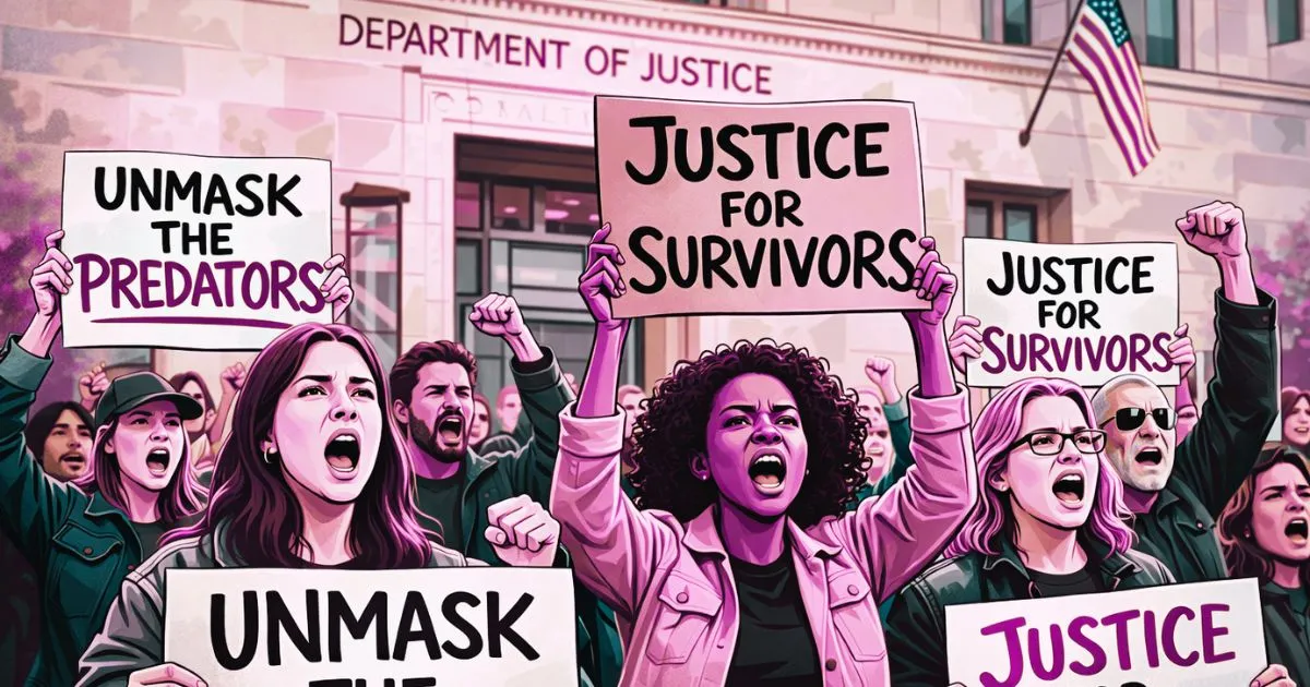 A group of protesters outside the Department of Justice holding signs that read "Unmask the Predators" and "Justice for Survivors."