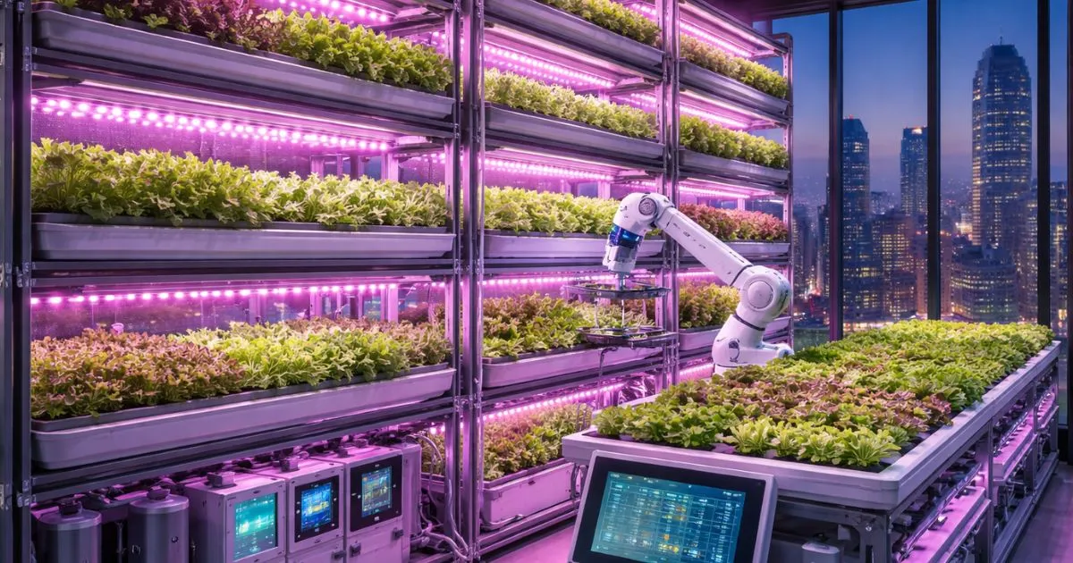 A high-tech vertical farm in a city skyscraper using purple LED lights and automated nutrient delivery systems.