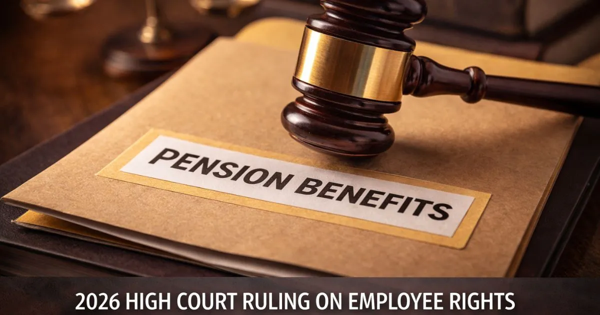 A judicial gavel resting on a folder labeled "Pension Benefits," representing the 2026 High Court ruling on employee rights.