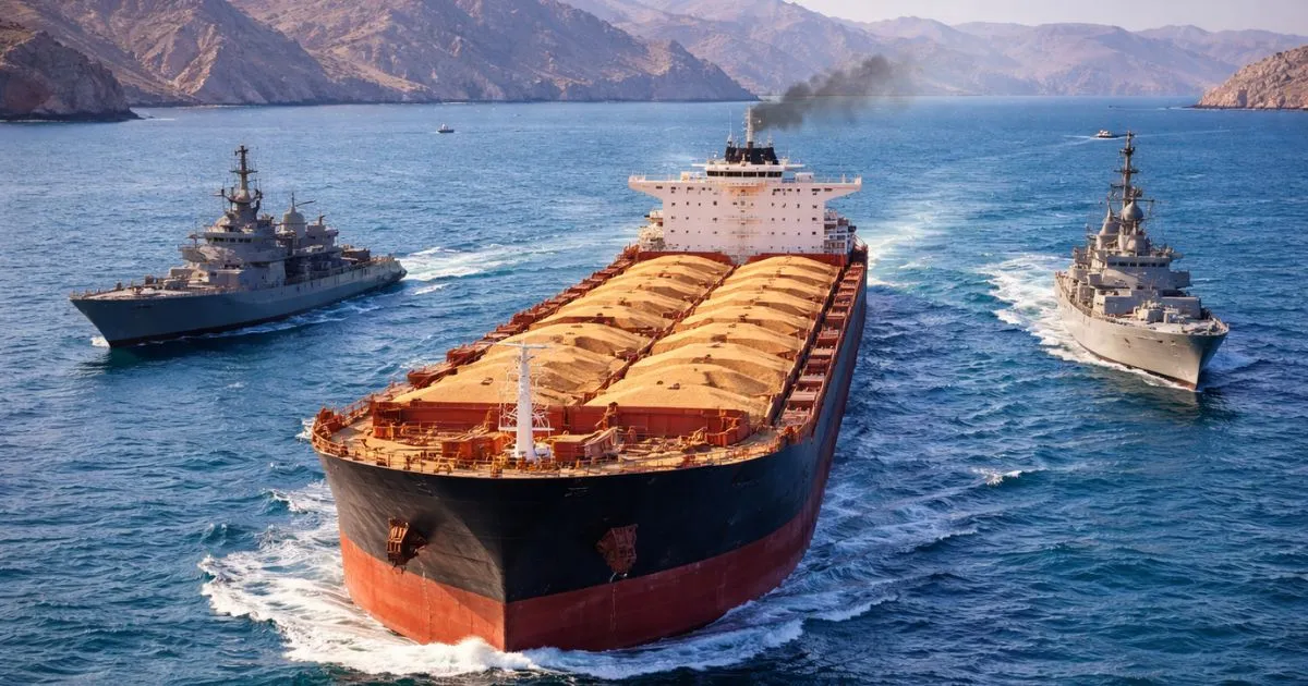 A large cargo ship laden with grain passing through the Strait of Hormuz, flanked by neutral naval monitors.