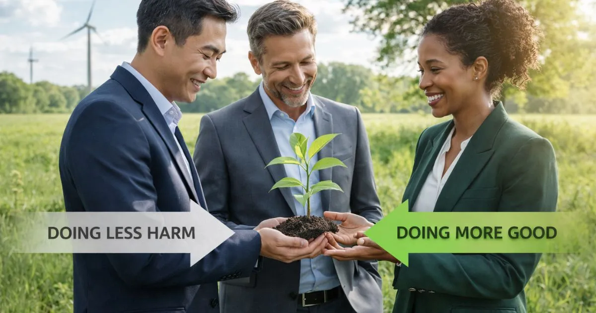 A modern green office setup with digital sustainability dashboards and eco-friendly branding elements.