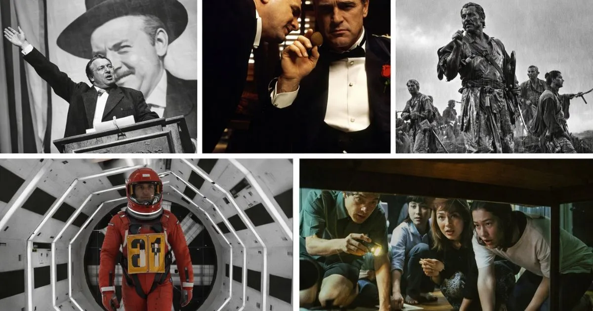 A montage of iconic film scenes from different eras, showcasing the diversity and artistry of global cinema.