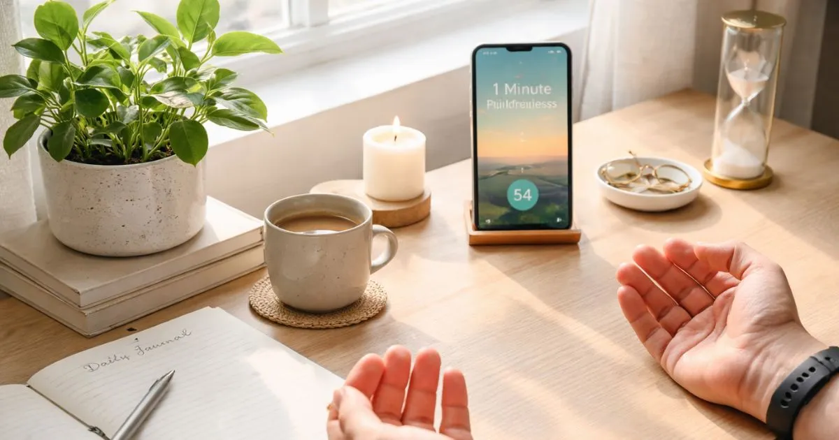 एक शांत होम ऑफिस जहाँ एक व्यक्ति जर्नल, पौधे और 1-मिनट के माइंडफुलनेस ब्रेक का अभ्यास कर रहा है।