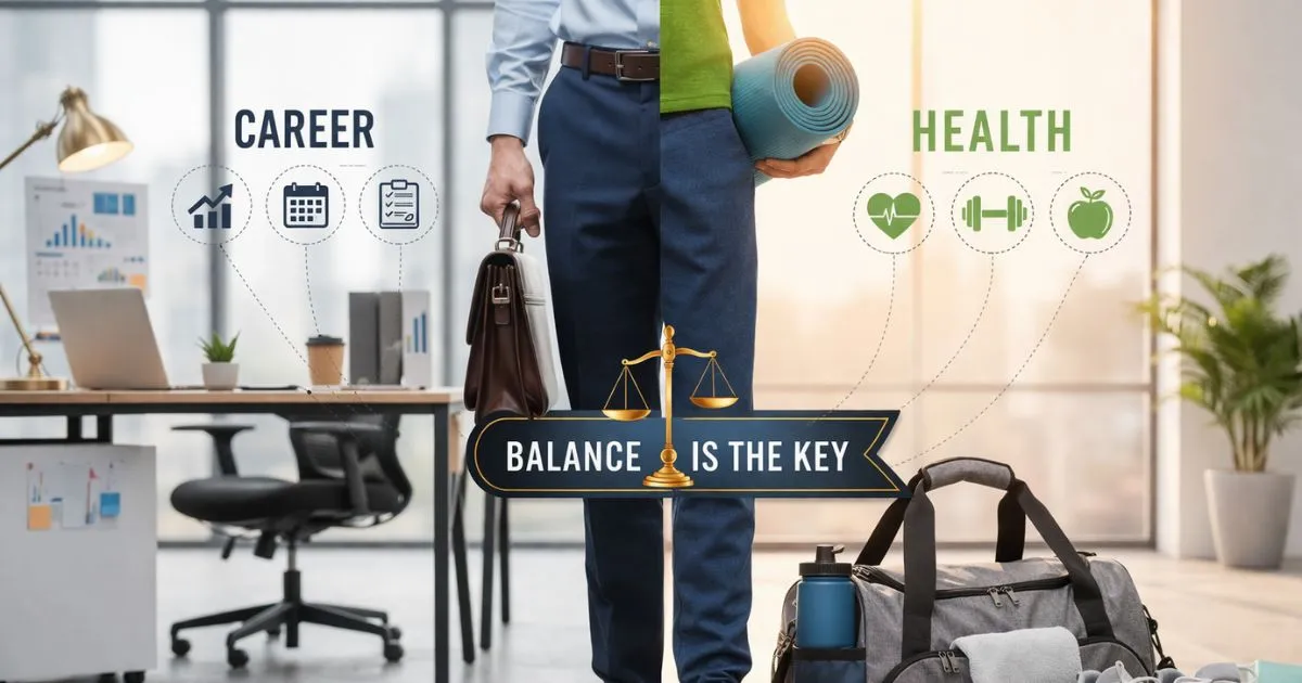 ऑफिस के कपड़ों में एक प्रोफेशनल जिम बैग के पास खड़ा है, जो करियर और स्वास्थ्य के बीच संतुलन का प्रतीक है।