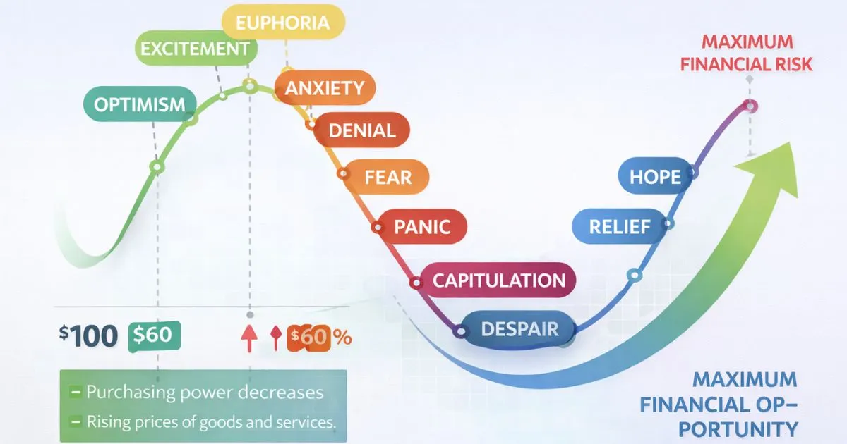 A psychological chart showing the cycle of investor emotions from optimism to panic and back to hope.