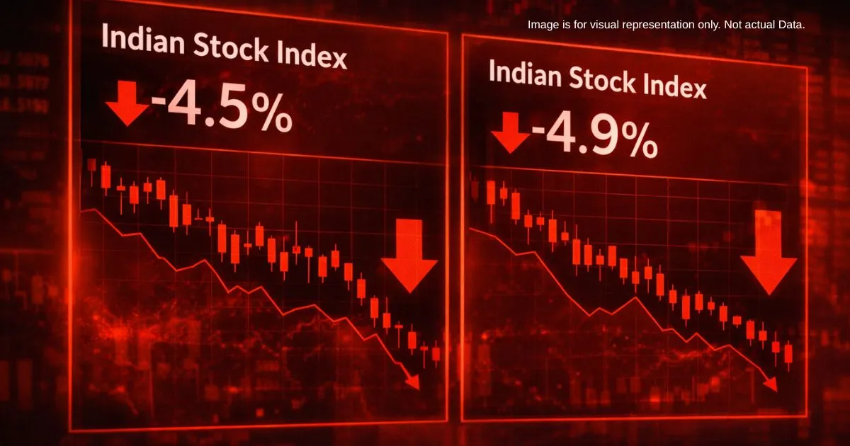 A red digital board showing declining Sensex and Nifty numbers during the March 2026 market crash.