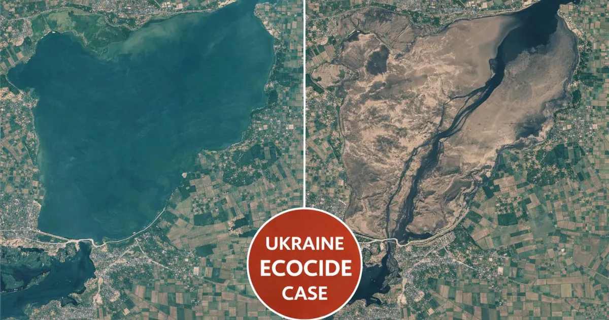 A satellite comparison of the Kakhovka Reservoir before and after the 2023 disaster, used as evidence in Ukraine's ecocide case.