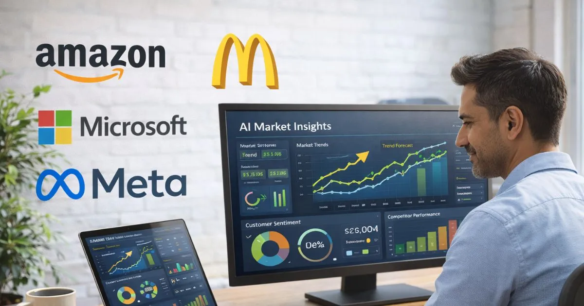 A small business owner using an AI dashboard to analyze market trends next to logos of global corporations.