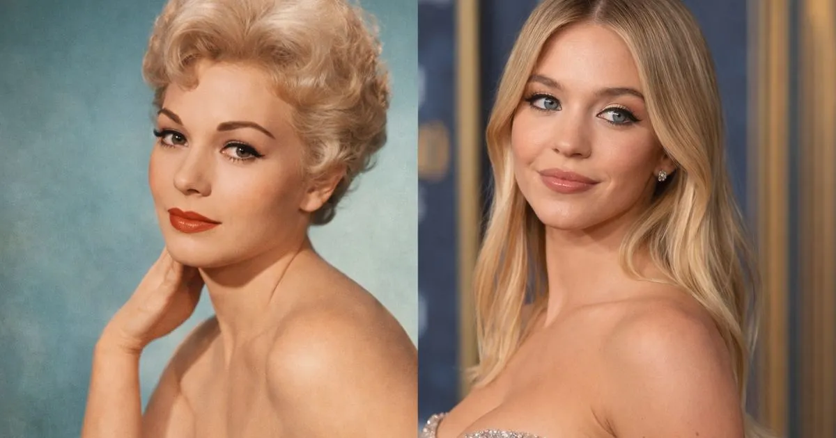 A split image featuring a classic 1950s portrait of Kim Novak and a recent red-carpet photo of Sydney Sweeney.