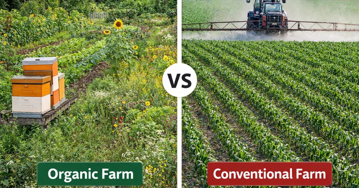 A split-screen comparison showing a lush organic farm with high biodiversity versus a high-yield industrial conventional farm.