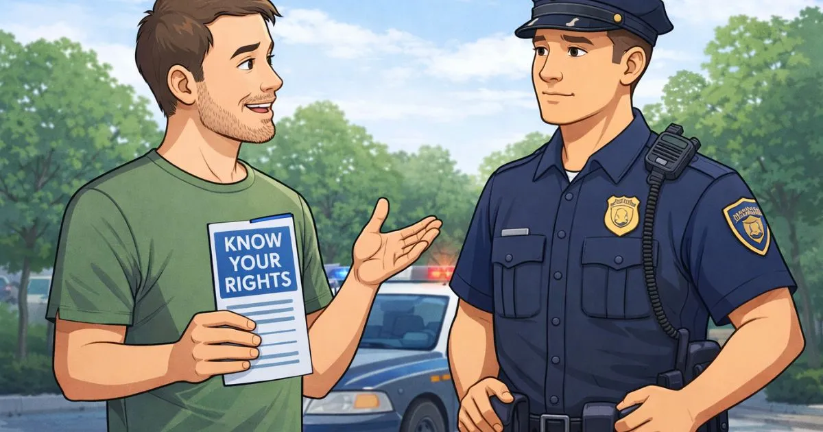 An illustration showing a citizen calmly interacting with a police officer while holding a "Know Your Rights" pamphlet.