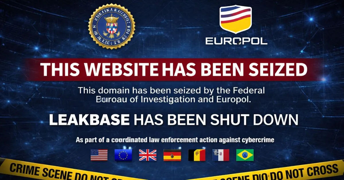 An official FBI and Europol seizure banner displayed on the former LeakBase domain, marking the end of the cybercrime hub.