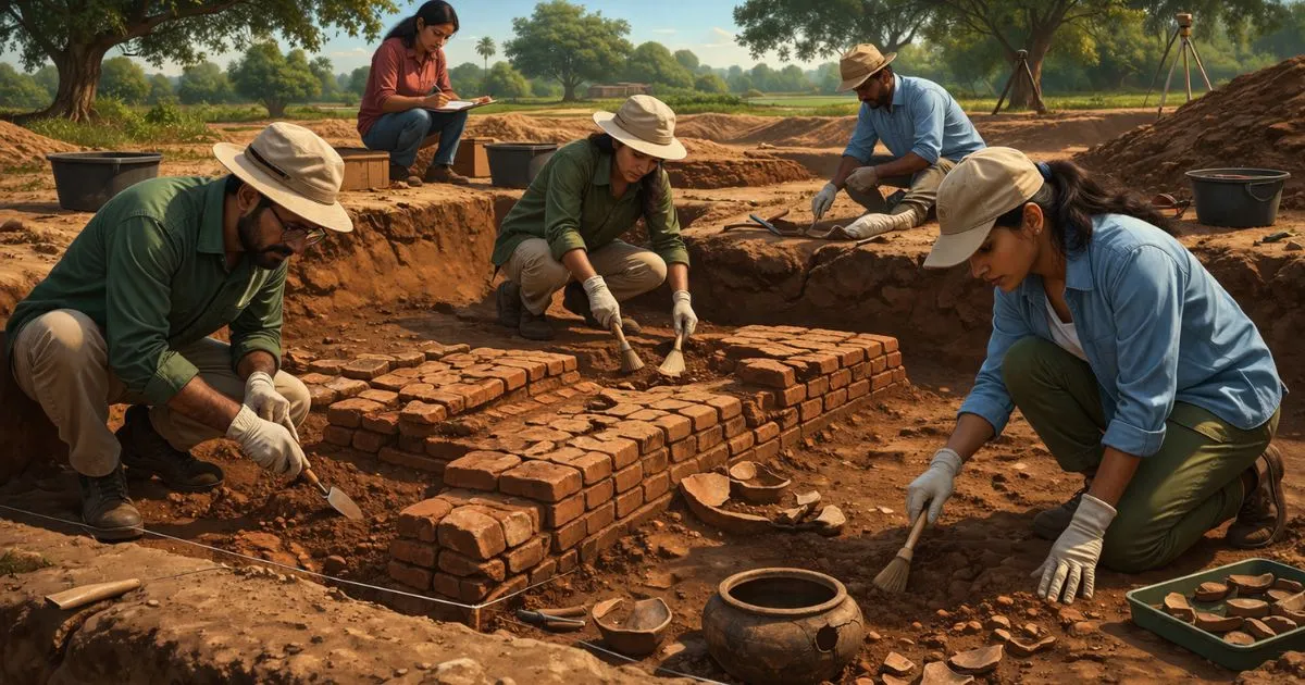 Archaeologists carefully excavating a trench at Balirajgarh, revealing ancient brickwork and Iron Age pottery shards.