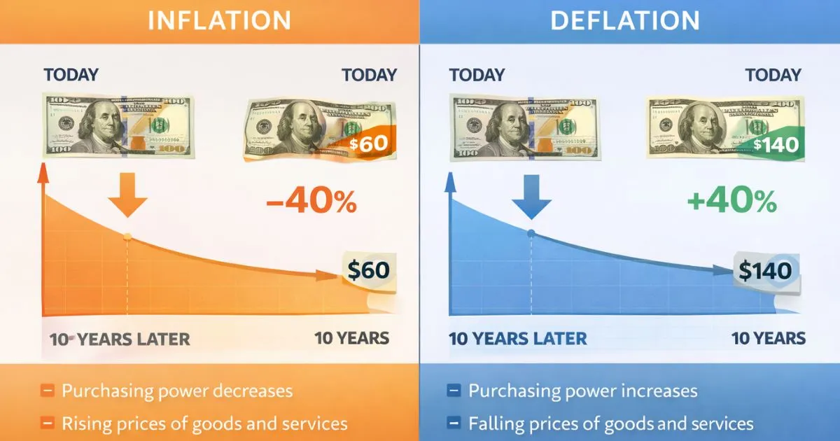 Infographic comparing the effects of inflation and deflation on the value of a currency note over 10 years.