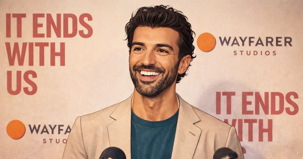 Justin Baldoni smiling at a press event, representing his legal victory regarding the It Ends with Us film franchise.