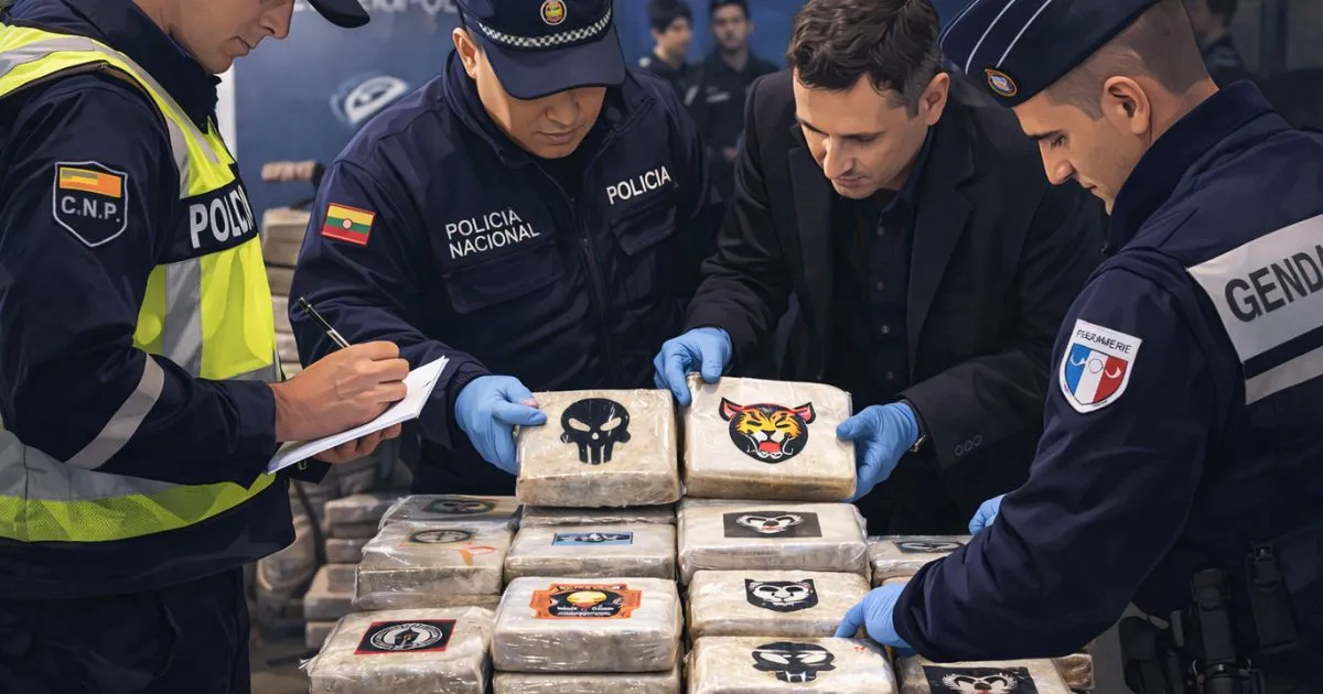 मार्च 2026 के ऑपरेशन के दौरान कार्टेल लोगो वाले कोकीन के पैकेटों की जांच करते इक्वाडोर और यूरोप के पुलिस अधिकारी।