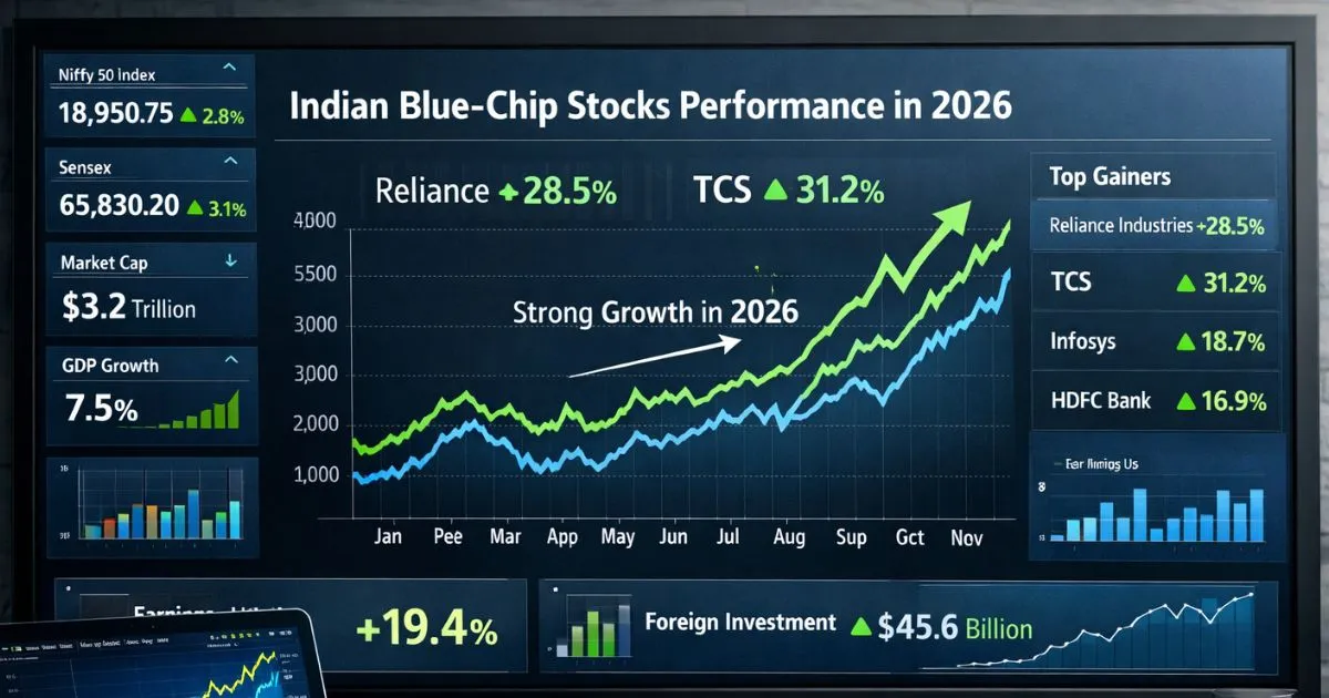 Professional dashboard showing growth of Indian blue-chip stocks like Reliance and TCS in 2026.
