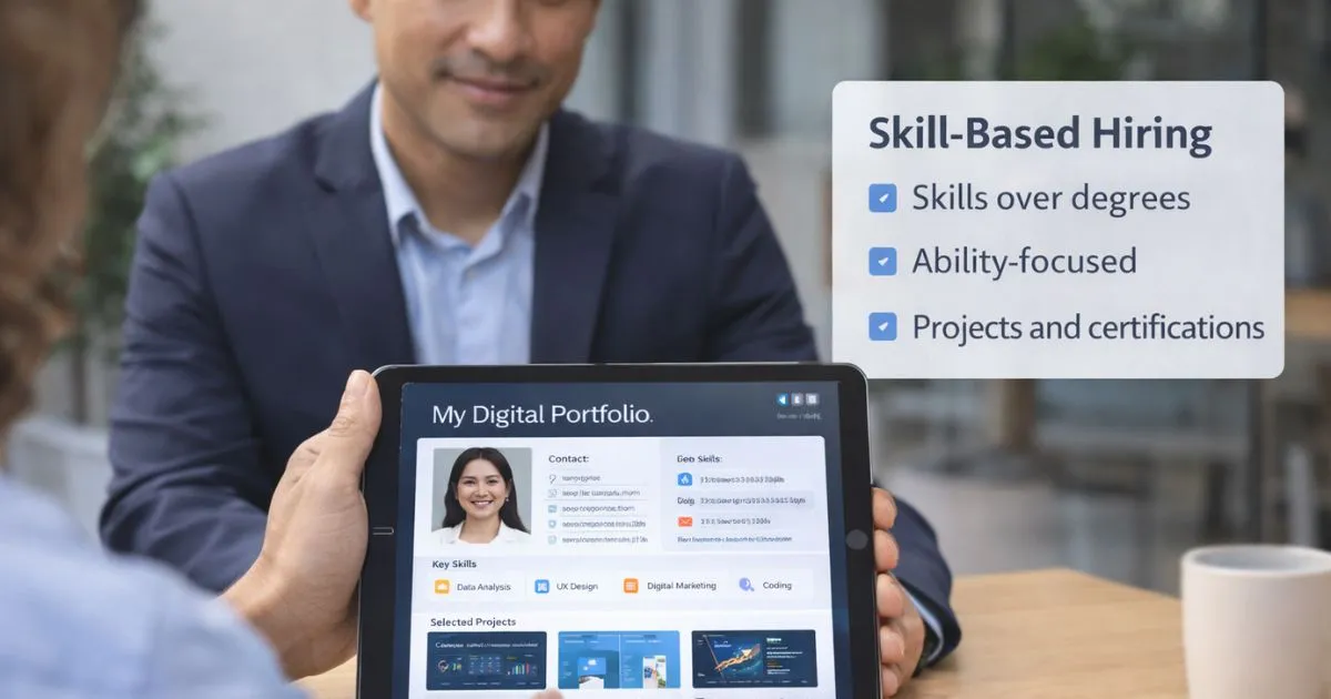Professional showcasing their digital portfolio on a tablet to a recruiter, highlighting skill-based hiring trends.