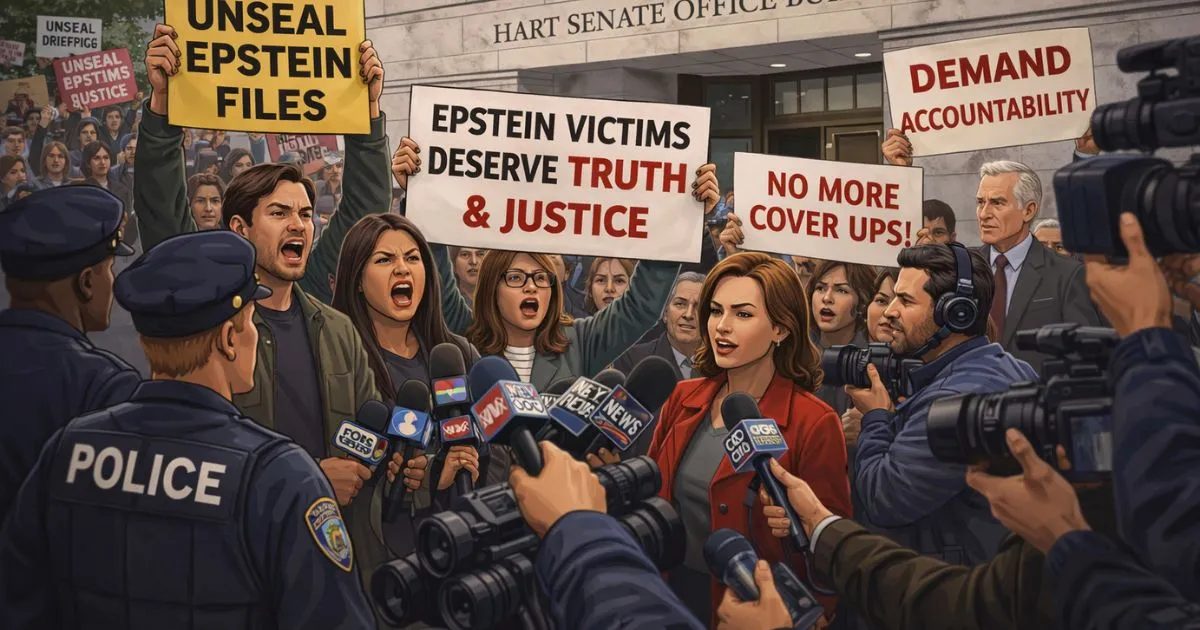 Protesters and reporters outside the Hart Senate Office Building during the March 2026 Epstein file briefings.