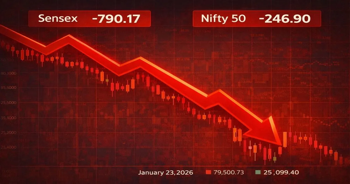 sharp decline in Sensex and Nifty 50 indices on January 23, 2026