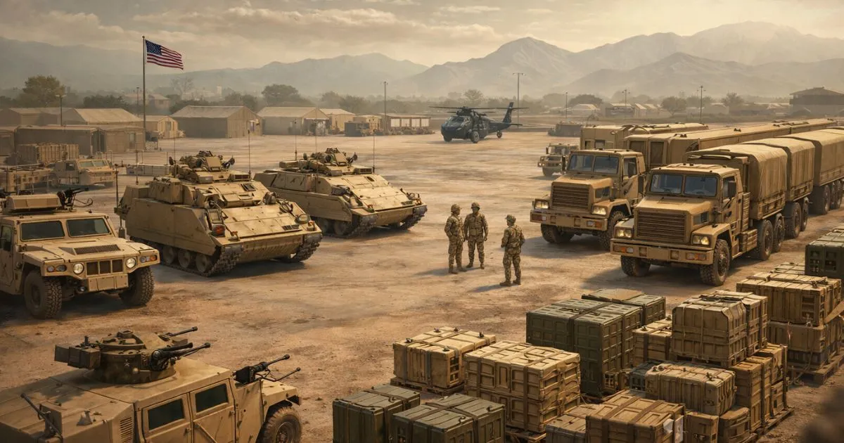 US military equipment being staged for potential withdrawal at a regional base during the 2026 Iran conflict.